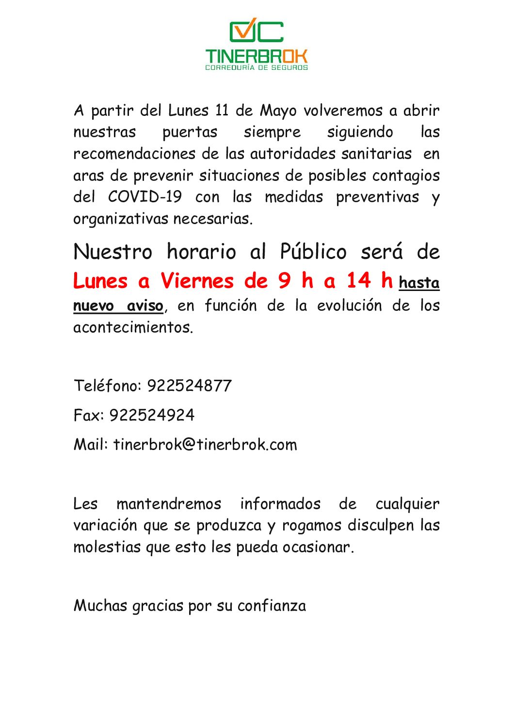 Comunicación horario a partir del 11 de Mayo y hasta nuevo aviso